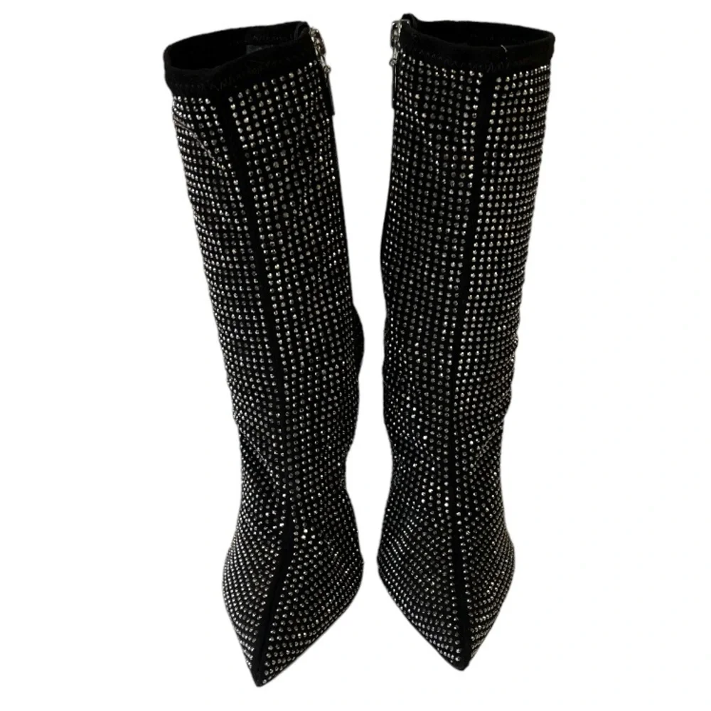 Schutz Sybil Suede Rhinestone Boots Black Silver Embellished Stiletto Women's 7